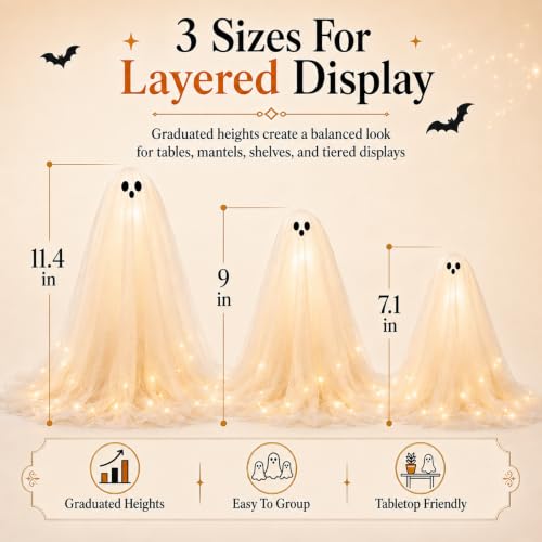 Halloween Ghost Decorations Indoor 3 Pack with Warm White Lights - Witch Hat Lamp & Candlesticks