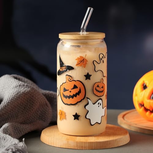 Halloween Pumpkin Ghost Glass Cup with Lid and Straw - Orange Pumpkin Variation
