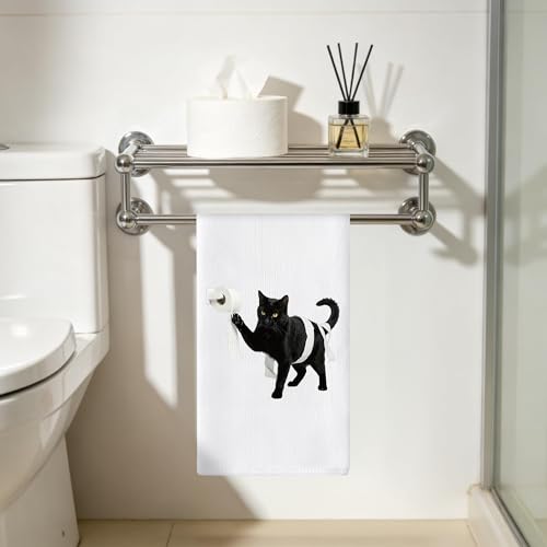 Black Cat Hand Towels 6 Pack - Decorative Polyester Bathroom Cloth Set - Variation: Black Cat