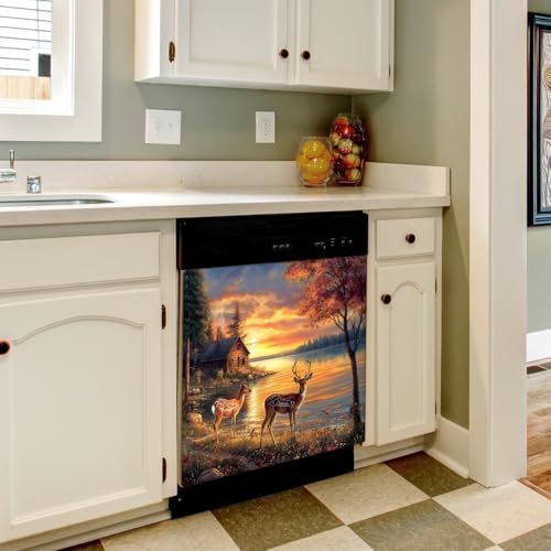 Deer Sunset Forest Dishwasher Magnet Cover - Front Decoration for Most Dishwashers - C Animal Forest Sunset Deer