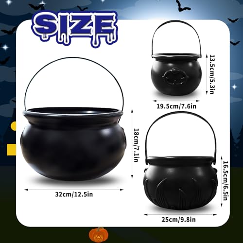 Halloween Plastic Cauldron Set - 3 Large Black Witch Kettles for Candy & Decorations