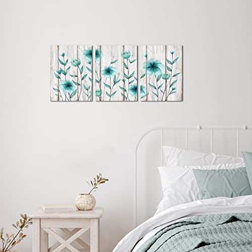 3 Piece Floral Canvas Wall Art Set - Teal Blue Flower Prints for Bedroom & Home Decor