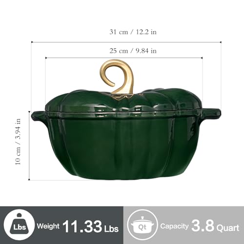 Green Pumpkin Dutch Oven Pot with Lid 3.8 Qt Enamel Cast Iron Fall Decor