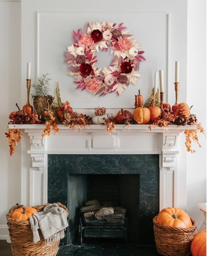 Artificial Fall Wreath with Velvet Pumpkins & Pink Maple Leaves - Red 26 Inch