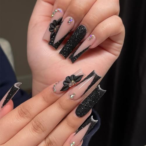 Press On Nails Long Square False Nails Black French with Rhinestones - Variation 89-20Black