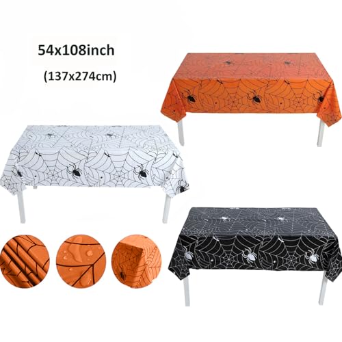 Dulousia Spider Halloween Tablecloth 3pcs Disposable Web Cover Set - Black, White, Orange, 54x108in