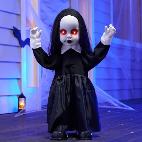 Halloween Animatronic Zombie Girl Decor with Sound & LED Eyes - 34 Inch Outdoor Haunted House Prop