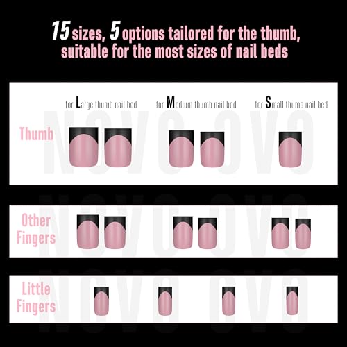 Short Sharp Square Nail Tips Black French Tip BERRY PINK - 15 Sizes, 240 pcs