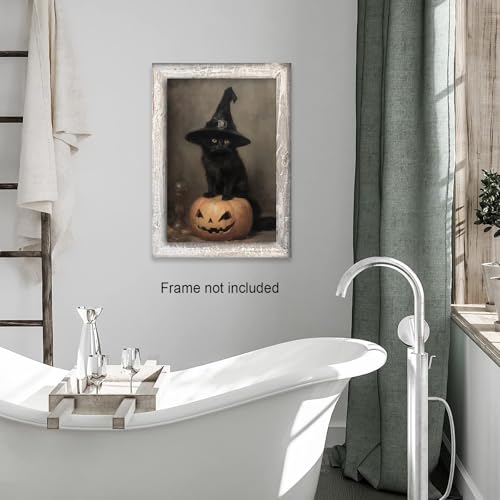 Vintage Halloween Canvas Wall Art Unframed - Black Cat Witchy Pumpkin 12x16in