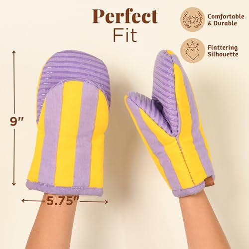 Mini Silicone Oven Mitts Set of 2 - Heat Resistant, Non-Slip Grip, Purple & Yellow Striped - Viola Variation