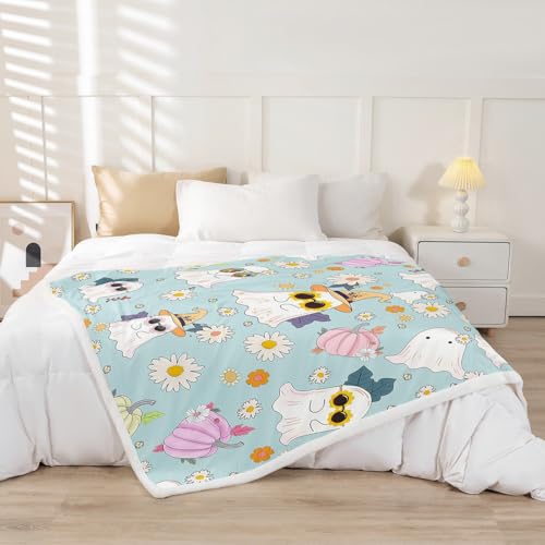 Cyan Throw Blanket for Halloween Boho Daisies & Ghost Decor 50x60
