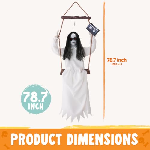 Halloween Hanging Ghost Girl Decoration with Sound & Lights - Black Hair Swinging Girl