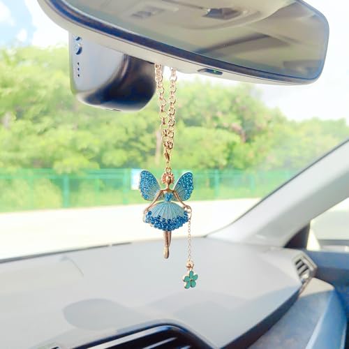 Fairy Blue Sparkling Car Decoration for Women Interior Bling Rearview Mirror Accessory