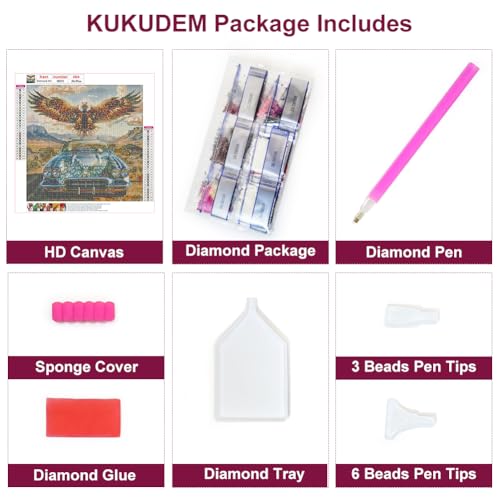 Diamond Painting Kit with Eagle and Car Design - 12x12 Inches, Full Craft Set