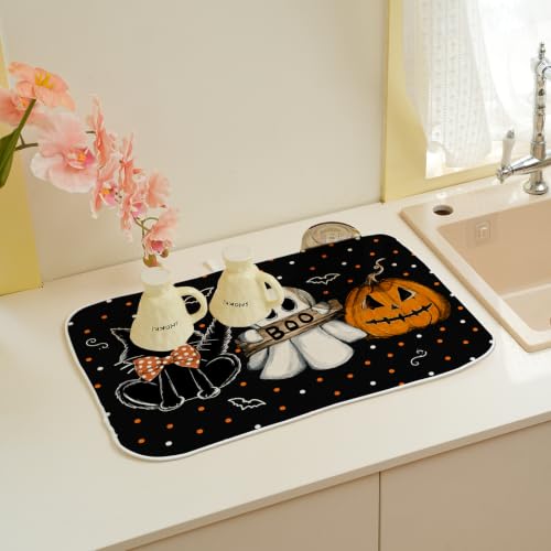 Halloween Dish Drying Mat 18x24 Inch Ghost Pumpkin Cat Bats Polka Dot for Kitchen & Dining - Fall Decor