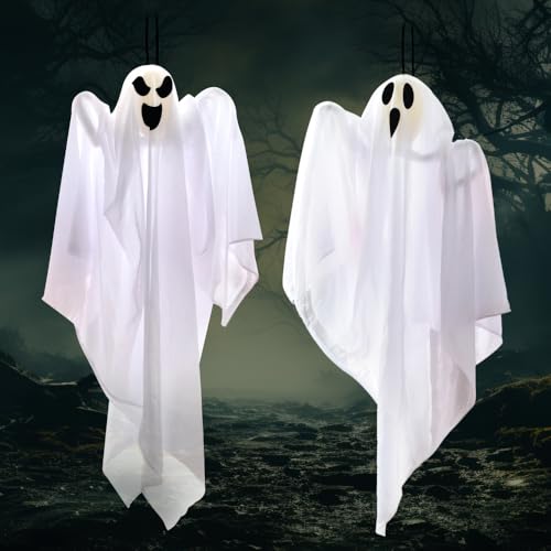 Happy Flying Ghosts Set - 4 pcs 27.5-inch Halloween Hanging Ghost Decorations for Outdoor & Indoor