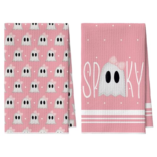 Pink Ghost Halloween Kitchen Towels Set of 2 - 18x26 Microfiber Dish Hand Towels