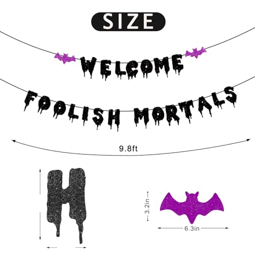 Halloween Welcome Foolish Mortals Banner with Bat - Black Glitter Haunted House Decor