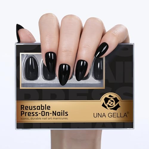 Black Almond Press-On Nails Set - Reusable False Nails with 16 Sizes, Black Diamond Variation