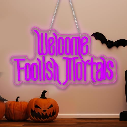 Welcome Foolish Mortals Neon Sign - Halloween Haunted House Decor - USB Powered