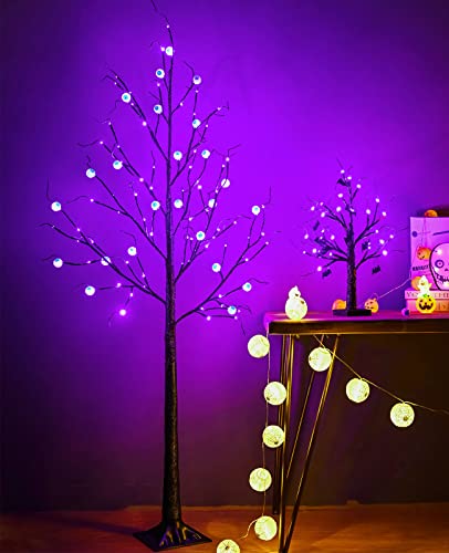 6FT Black Lighted Halloween Tree with 96 LED Purple Lights & Eye Ornaments