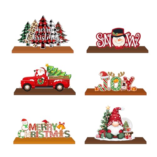Christmas Wooden Tabletop Decoration Set - Red, 6 Pieces, Holiday Scene
