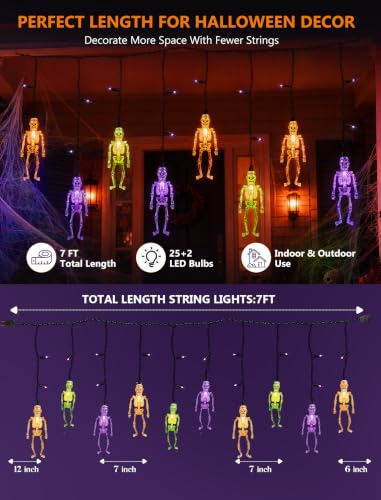 Skeleton Lights Halloween Skull String Lights - 7Ft Outdoor Purple & Orange LED Curtain with Variation