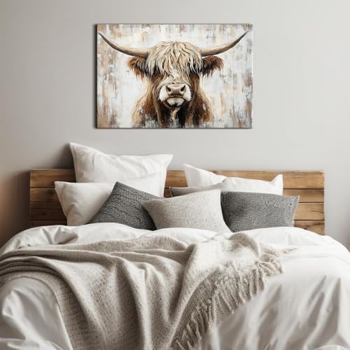 Longhorn Cow Wall Art Canvas - Rustic Highland Cow Decor 36x24 Variation of THIS listing Cow01
