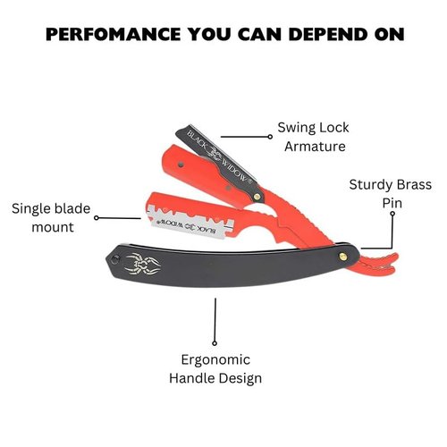 Black Widow Professional Barber Straight Edge Razor – Stainless Steel Shavette, 1.5 mm Blade Exposure, Matte Black & Red, 10 Double Edge Blades (20 Single-Edge) for Lineups & Beard Shaping