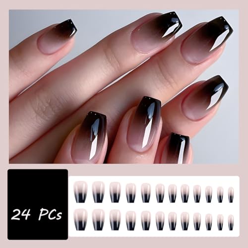 French Tip Press-On Nails Short Coffin Style Black White Gradient Fake Nails with Design - Colorful-13