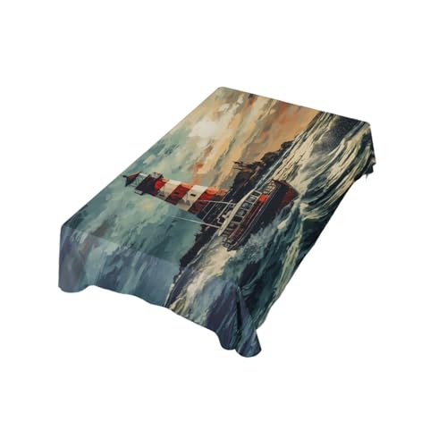 Nautical Lighthouse and Boat Tablecloth - Rectangular 90x60 Inches