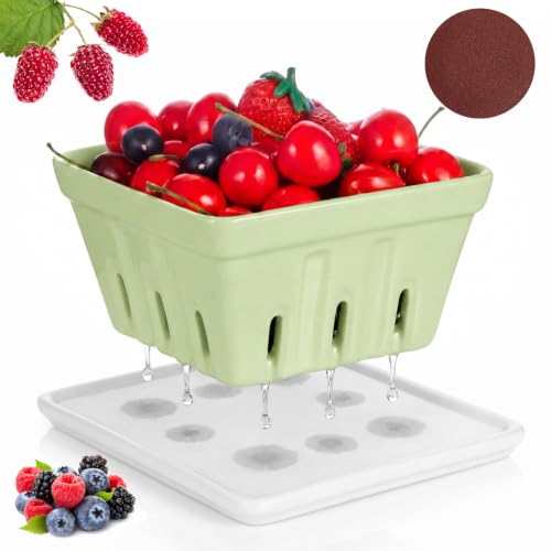 LemonRoad Ceramic Berry Basket with Coaster Lid - Light Green Farmhouse Style