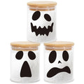 Halloween Ghost Glass Storage Jars Set with Airtight Bamboo Lids - 3 Pieces