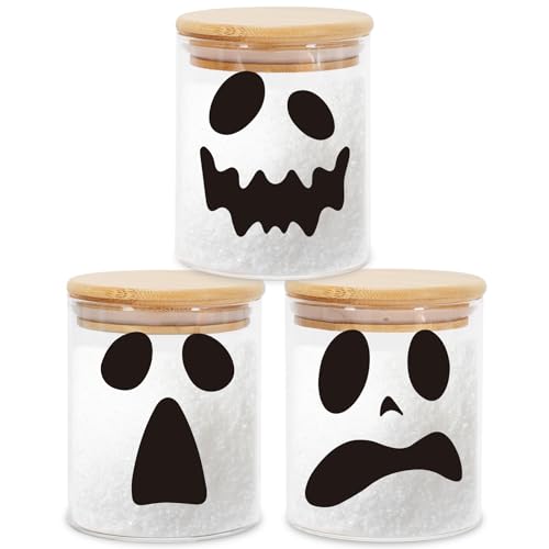 Halloween Ghost Glass Storage Jars Set with Airtight Bamboo Lids - 3 Pieces