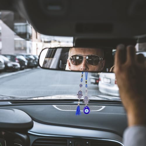 Blue Evil Eye & Hamsa Hand Car Pendant Set - Beaded Rearview Mirror Ornaments for Car & Home Decor
