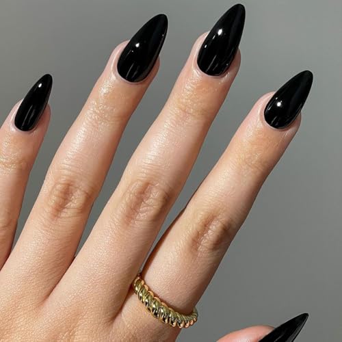Black Obsidian Press-On Nails Medium Almond Stiletto Fake Nails, Gel Shine