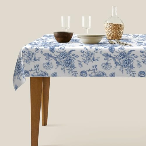 Blue Floral Square Tablecloth 60x104 Inch - Chinoiserie Flower Toile Polyester - Blue & White Decor for Parties and Kitchen
