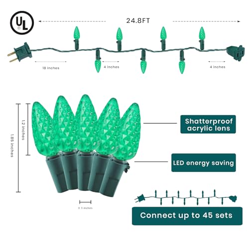 Green C6 LED Christmas Lights Outdoor - Festia 70 Bulb String, Waterproof & Connectable - St. Patrick's Day Decoration
