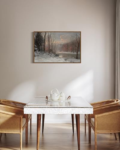 Vintage Framed Canvas Wall Art - Winter Stream Landscape, 30x20 Inch