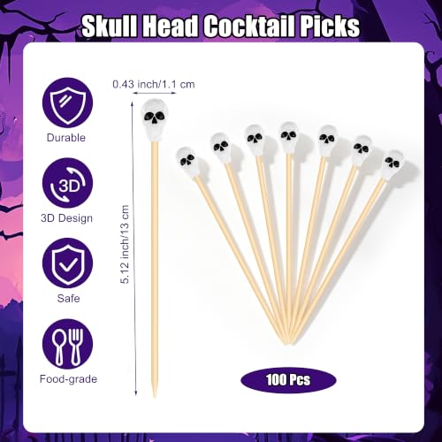Halloween Skull Head Cocktail Picks - 100 Bamboo Skewers for Parties - Variation: Skull Head
