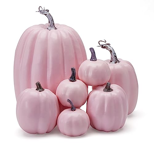 Artificial Pumpkins Set of 7 Halloween Farmhouse Decor Pink Variation