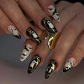 Halloween Press On Nails - Medium Almond Black Fake Nails with Gold Glitter & Ghost Design - Variation W11