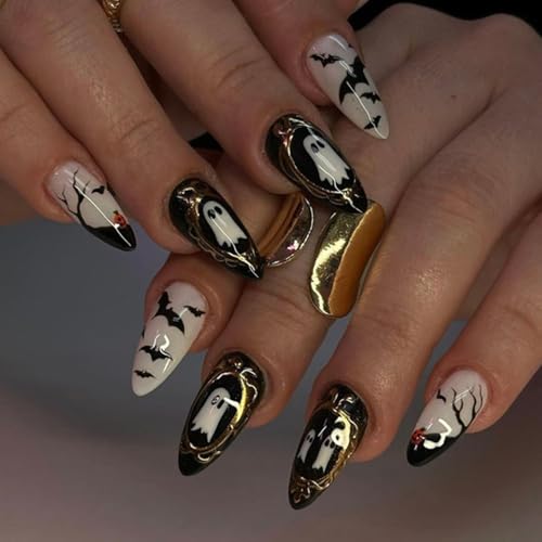 Halloween Press On Nails - Medium Almond Black Fake Nails with Gold Glitter & Ghost Design - Variation W11