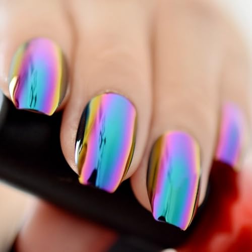 Holographic Blue Purple Coffin Nail Set Mirror Chrome Fake Nails with Variation - Green Purple