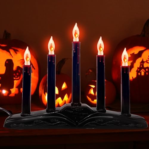 Black 5-Light Electric Window Candles with Flickering Flame Bulbs for Halloween Decor