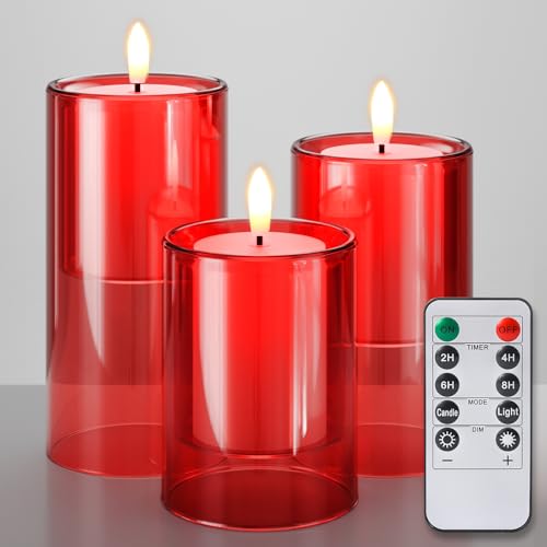 Red Glass Flameless Candles with Remote & Timer - 4x5x6 Inch Set of 3