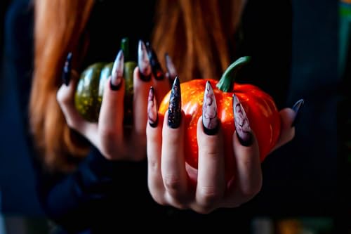Halloween Press On Nails - Long Red Stiletto with Cat's Eye Design - Almond Style-22
