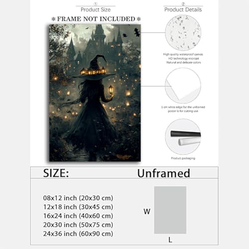 Halloween Witch and Haunted House Canvas Wall Art - Style 3 24x16 Inches Halloween Decor