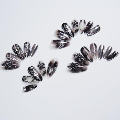 Halloween Y2K Black Press On Nails with 3D Flowers & Silver Charms - Variation 1272