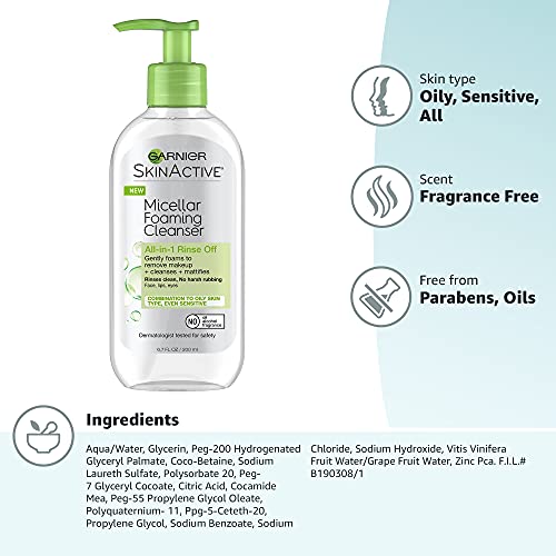 Garnier SkinActive Micellar Foaming Face Wash, For Oily Skin, 6.7 fl oz
